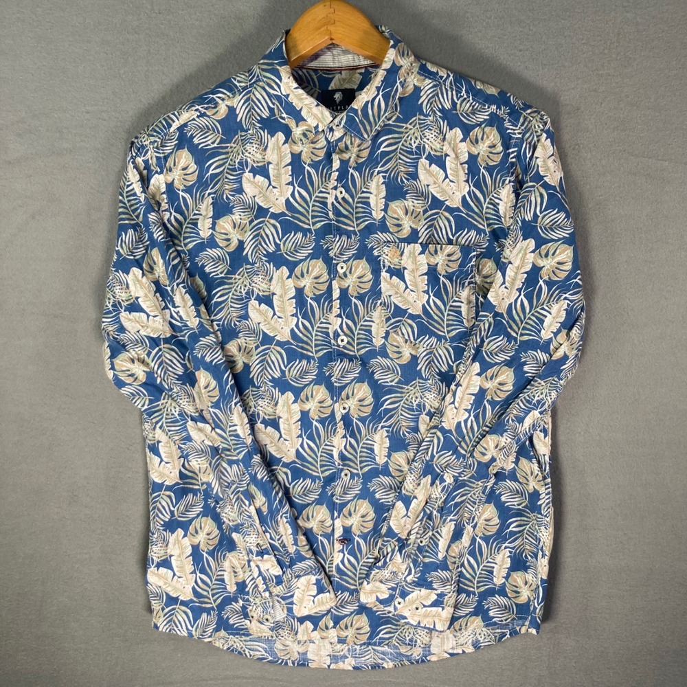 NetPlay Mens Tropical Shirt‎ Blue Leaf Print Button Up Short Sleeve M